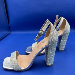 Sparkling Rhinestone Block Heels Silver Ankle Strap Square Toe Sandals 7 Prom